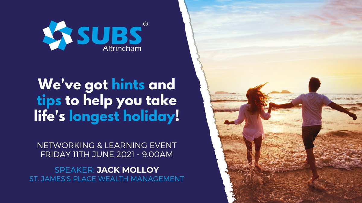 Are you ready to take on life's longest holiday?

We've got hints and tips waiting for you!

Isn't that exciting?

You can still join us today by booking here: portal.subsbusinessevents.co.uk/post/subs-altr…

#SUBS #Business #Events #Altrincham #Networking #Learning #Planning #Future