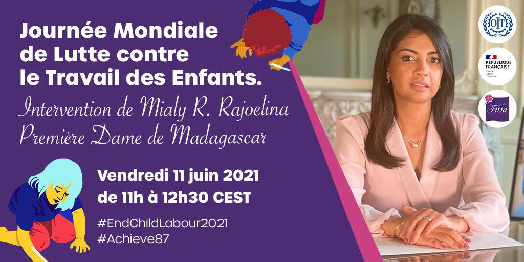 Suivez mon intervention pour mettre fin au #TravailDesEnfants à #Madagascar et dans le monde ce jour aux côtés de @GuyRyder, @Elisabeth_Borne & @AdrienTaquet. 
@Travail_Gouv @OITinfo @ILO_Childlabour 

Rdv à 11h CET !

Inscription 👉🏽 bit.ly/3gtcLAk 

#EndChildLabour2021