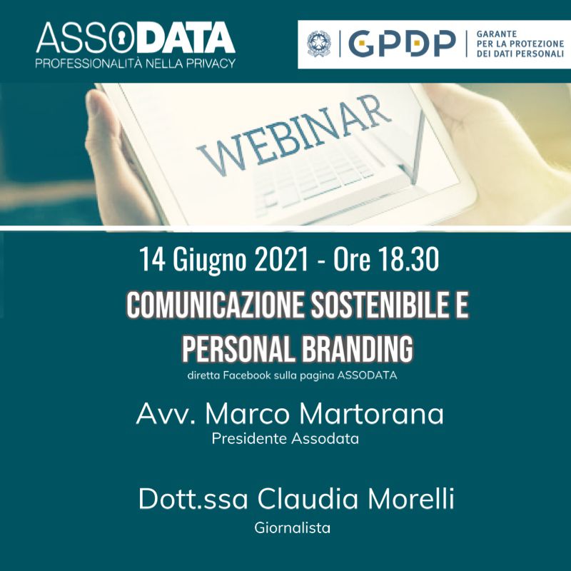 Assodata1's tweet photo. 🔵COMUNICAZIONE SOSTENIBILE E PERSONAL BRANDING
✳️Relatore dell’incontro la dott.ssa Claudia Morelli. Introdurrà il webinar il presidente di Assodata, l’avvocato Marco Martorana
📝 14 GIUGNO 2021 dalle 18.30 alle 19.30
Per info➡️ https://t.co/5ByIQTirDS https://t.co/zkRCJkr4K9