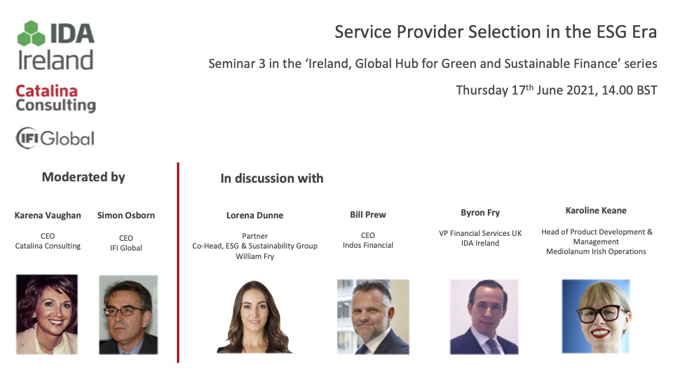 Join us on 17th June at 14.00 for an e-seminar hosted by <a href="/IDAIRELAND/">IDA Ireland</a> as we consider 'Service Provider Selection in the #ESG Era'.
Register here lnkd.in/djqiFT2
#sustainability #climatechange #compliance #investment  #supplychain #Ireland #irishfunds