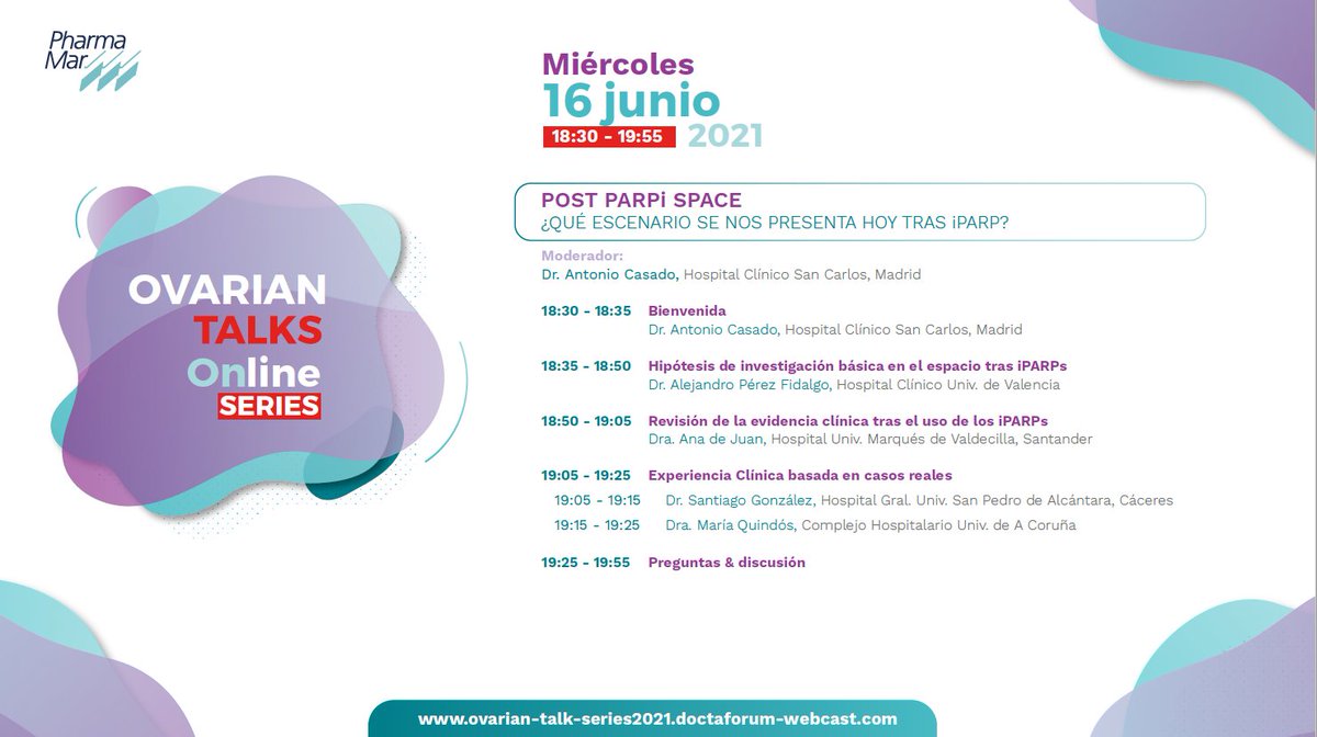 PhrmMar's tweet photo. #OVARIANTALKS2021💬

¿Qué opciones se nos presentan hoy tras los iPARP en el tratamiento del #cáncerdeovario?

🗓️Miércoles 16 de junio; 18:30h-19:55h

Anímate a inscribirte ➡️ https://t.co/ksUcrM5osc https://t.co/1YomHdyA0U