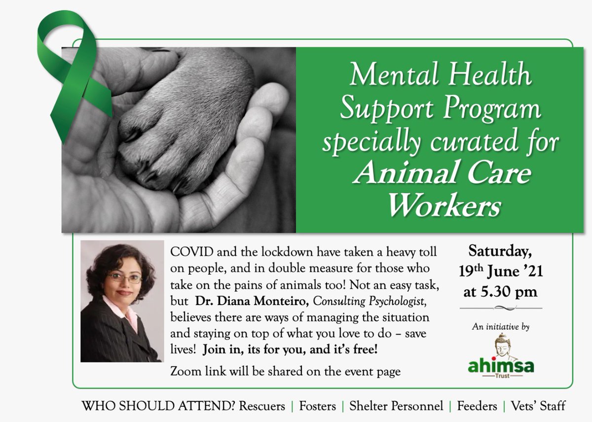 Ahimsa Trust (ahimsatrust.in) is pleased to present a specially curated program for animal care workers.
On Saturday 19th June 2021 5.30 to 6.30 pm, webinar on Zoom, 
PARTICIPATION IS STRICTLY BY REGISTRATION: register here! bit.ly/2TUcwqy