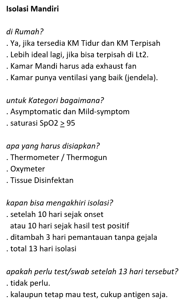 mharisman's tweet photo. Kamar Isolasi di RS penuh?
Hanya bisa untuk Isolasi Mandiri di rumah/apartemen/kost?

Untuk yg hasil test positif, tapi tanpa gejala atau hanya gejala ringan, tdk perlu khawatir berlebih.
Lakukan isolasi mandiri dgn komitmen/menerapkan protokol secara ketat.
Sembuh dalam 13 hari. https://t.co/MUSI6ln6Ez