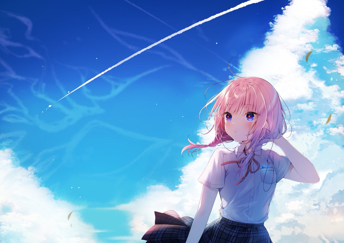 1girl solo pink hair braid skirt sky twin braids  illustration images
