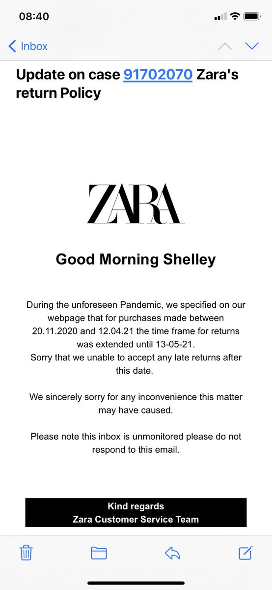 Furious with #ZARA who in a time when many shops were generously extending return dates due to lockdown Zara puts onus on customers to check their website for changes to their terms &amp; conditions! The irony is we are talking about a few weeks and would have happily had an exchange