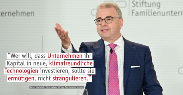 StiftungFamUnt's tweet photo. "Familienunternehmen sind vorne dabei, wenn es darum geht, klimafreundliche Technologien einzuführen", sagt Prof. Kirchdörfer auf dem Tag des deutschen Familienunternehmens. Er warnt auch: „Gedankenspiele über eine Vermögensteuer bremsen die Investitionsbereitschaft.“ #TagFamUnt https://t.co/ncJVSlfQh3