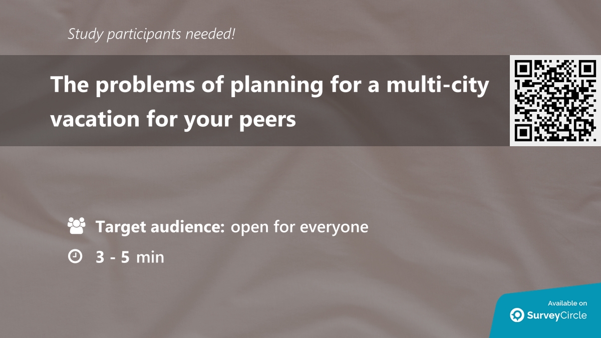 daily_research's tweet photo. Participants needed for online survey!
Topic: "The problems of planning for a multi-city vacation for your peers" https://t.co/TyQtoEC5a1 via @SurveyCircle
#planning #cost #travel #multicity #vacations #holidays #trip #vacation #survey #surveycircle https://t.co/Gkyh32HKlP