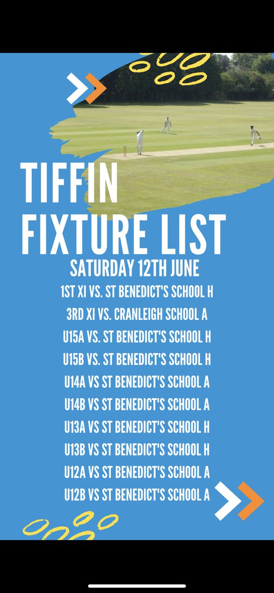 Tiffin Sport (@tiffinsport) on Twitter photo This Saturday sees a full fixture list being played in some b-e-a-utiful weather (hopefully).
The 3rd XI travel to <a href="/CSCricket/">Cranleigh Cricket</a> whilst all other teams compete against <a href="/BenniesSport/">St Benedict's Sport</a> in our annual block fixture. Go well everyone 🏏 #tiffinsport This Saturday sees a full fixture list being played in some b-e-a-utiful weather (hopefully).
The 3rd XI travel to <a href="/CSCricket/">Cranleigh Cricket</a> whilst all other teams compete against <a href="/BenniesSport/">St Benedict's Sport</a> in our annual block fixture. Go well everyone 🏏 #tiffinsport