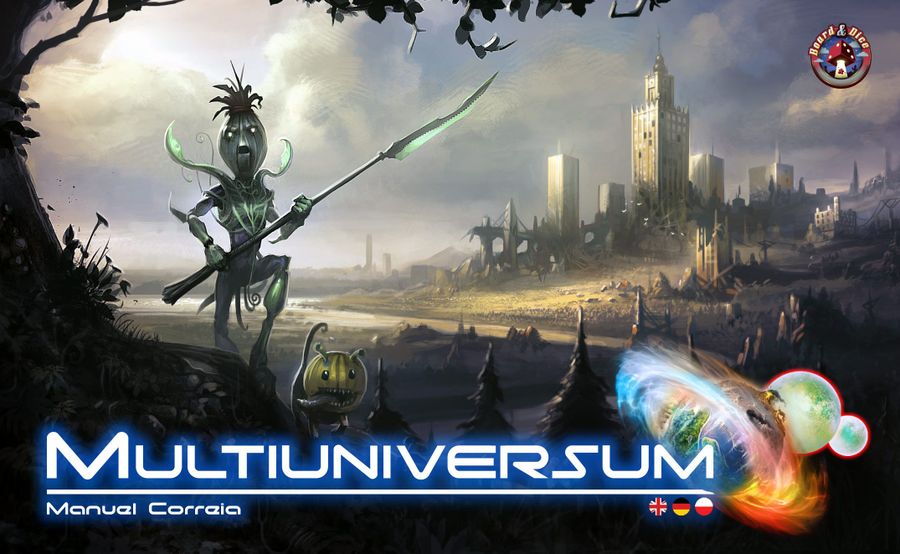 The cover for the game Multiuniversum, which features an onion warrior and its dog and a city in the distance.