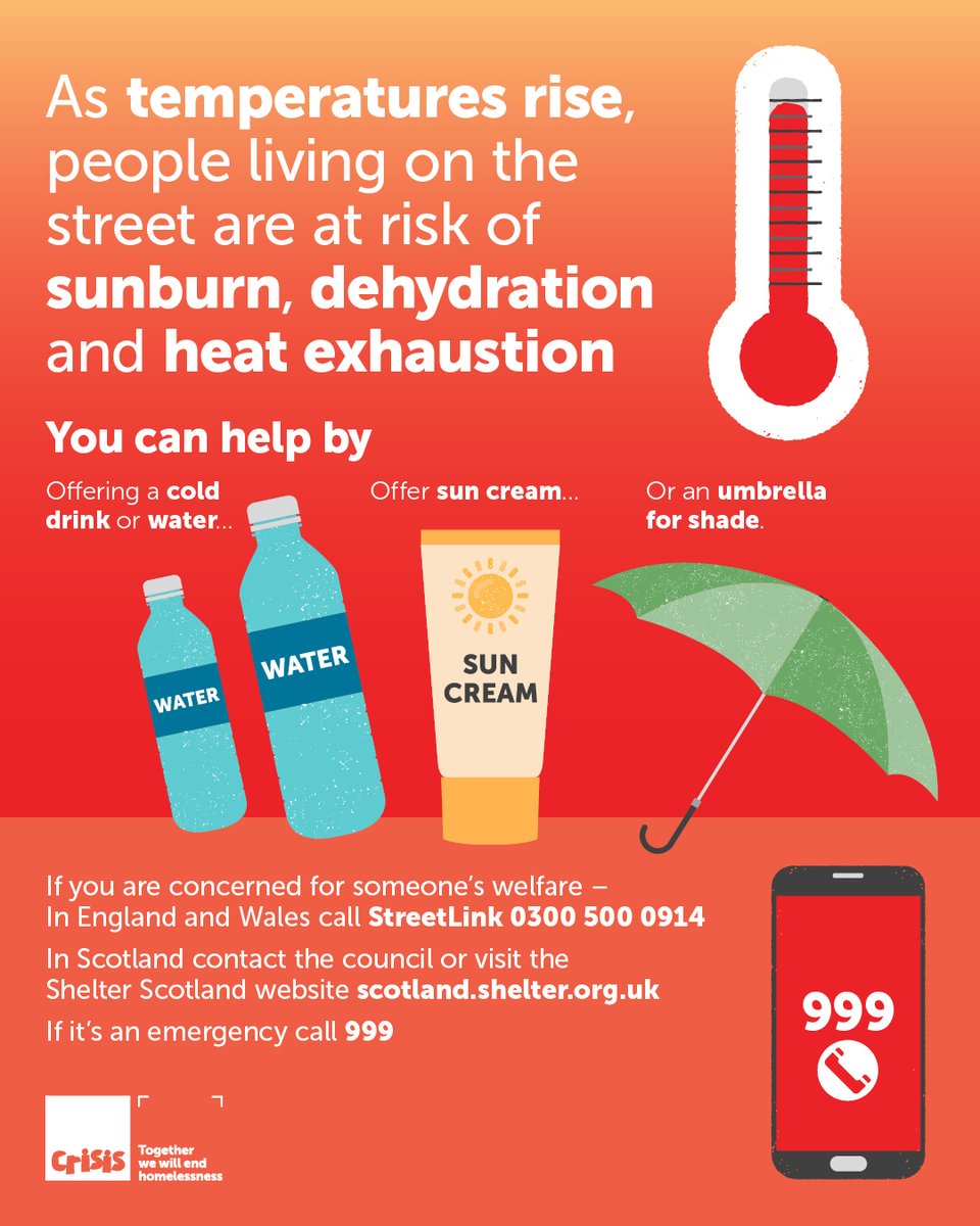 Crisis (@crisis_uk) on Twitter photo As temperatures rise, people living on the street are at risk of sunburn, dehydration and heat exhaustion. You can help by:
🚰 offering water
🧴 offering sun cream
☂ giving an umbrella for shade
If you're concerned for someone's wellbeing, call <a href="/Tell_StreetLink/">StreetLink</a> or 999 As temperatures rise, people living on the street are at risk of sunburn, dehydration and heat exhaustion. You can help by:
🚰 offering water
🧴 offering sun cream
☂ giving an umbrella for shade
If you're concerned for someone's wellbeing, call <a href="/Tell_StreetLink/">StreetLink</a> or 999