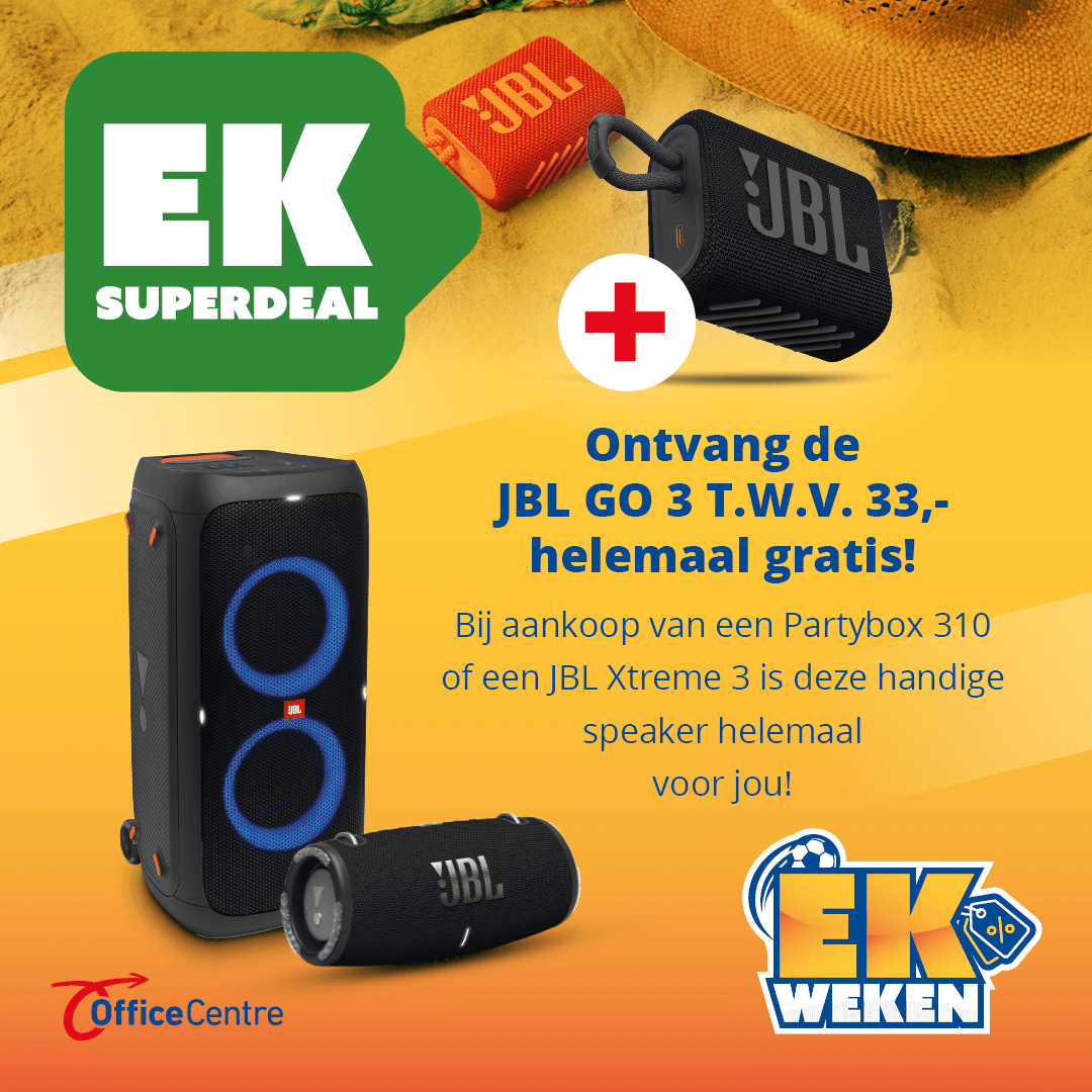 EK SUPERDEAL! Ga je dit weekend naar het strand of het zwembad? Bij aankoop van de JBL Partybox 310 of JBL Xtreme 3 is deze handige JBL GO 3 t.w.v. € 33,- helemaal voor jou! Met deze speaker in je hand ben jij de koning van het strand! 
bit.ly/3gkKtrO