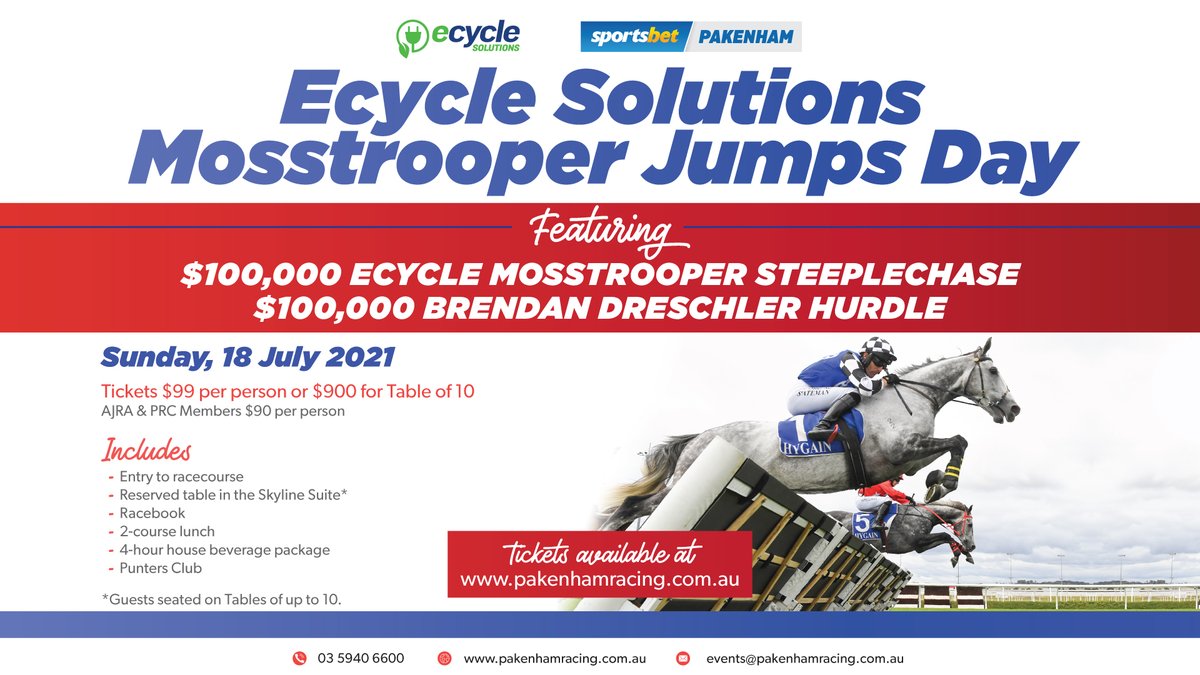 AusJumpsRacing's tweet photo. Tickets are now on sale for the Ecycle Solutions Mosstrooper Jumps Day in July.
If you're an AJRA member, make sure you check your emails for the discount code we sent today.
#howgoodisjumpsracing #jumpsracing2021 #pakenham #mosstrooper #mosstrooperday #steeplechase #hurdle https://t.co/TEF4oPj8ov