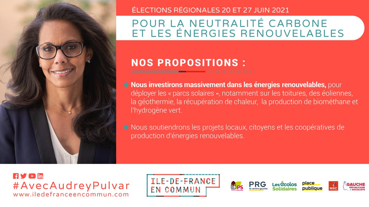 idf_encommun's tweet photo. J-8 des #regionales2021. Voici les engagements d'#IDFenCommun avec @AudreyPulvar pour la neutralité carbone et les énergies renouvelables ! #IlEstTemps
👉 Investissements dans les énergies renouvelables
👉 Soutien des projets locaux

A demain pour de nouvelles propositions ! 🚀 https://t.co/YGjY94tkCP