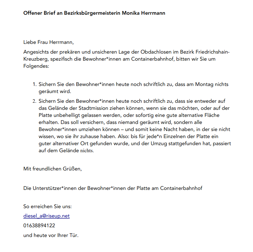 Guten Morgen =) Um 11 startet unsere Kundgebung gegen die Räumung der Platte am Containerbahnhof. Gestern haben wir schonmal einen offenen Brief an <a href="/MonikaHerrmann1/">Monika Herrmann 🚴🔥💚</a> <a href="/baxhain/">ba-xhain</a> geschrieben. Wir sehen uns gleich, Frankfurter Allee 35! #jederäumungisteinezuviel