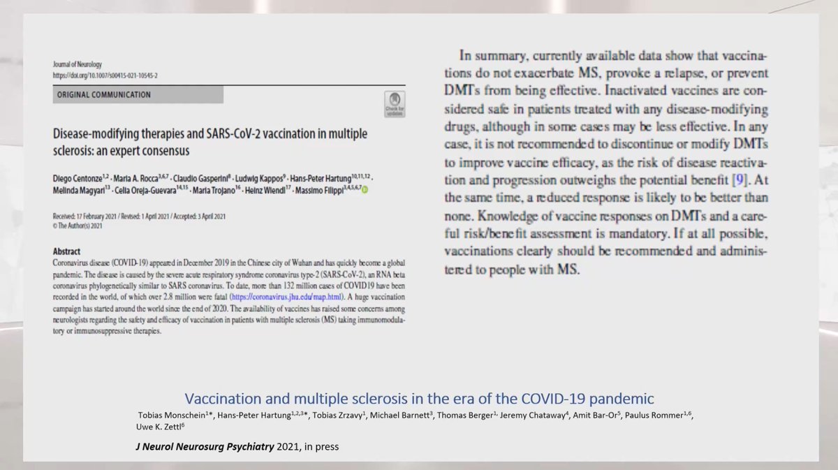 Available data shows that vaccinations don't exacerbate #MS, provoke relapse or prevent DMTs to be effective. It isn't recommended to discontinue or modify DMT treatment due to the risk of disease reactivation. All people with MS should be vaccinated #EMSPVirtual2021