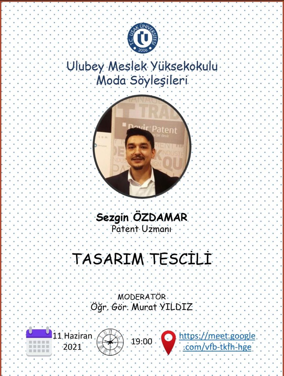 Tasarım Tescili
Cuma, 11 Haziran · 19:00 - 20:00
Google Meet katılma bilgileri
Görüntülü görüşme bağlantısı: meet.google.com/vfb-tkfh-hge