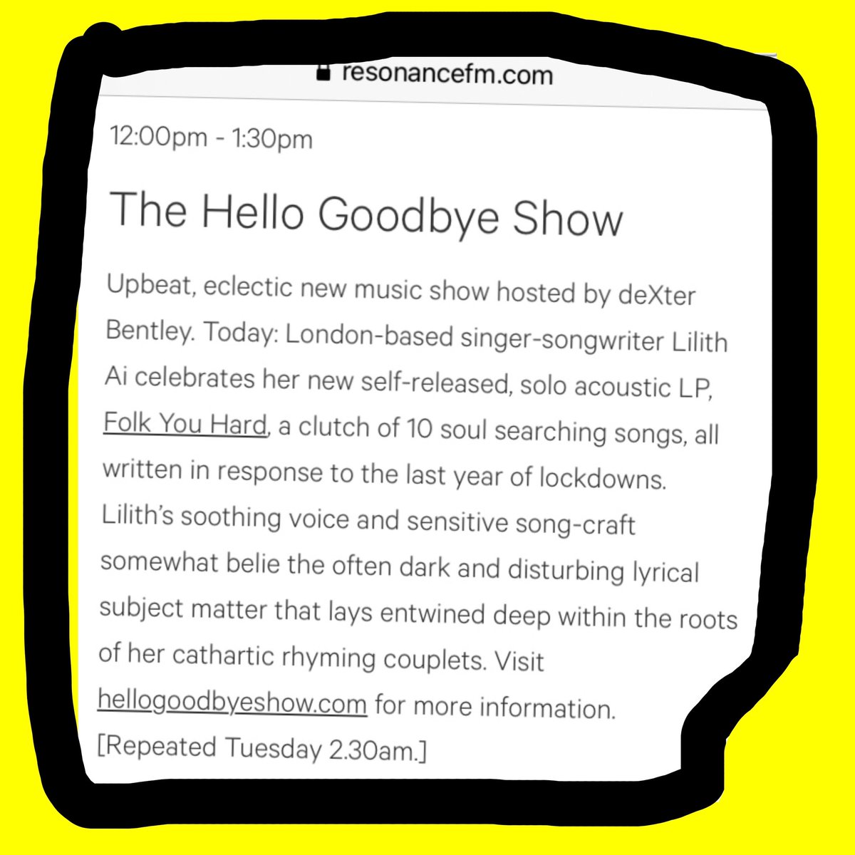 deXterBentley's tweet photo. Noon - 1.30pm Sat 12th June 2021 #hellogoodbyeshow #resonancefm #dexterbentley *BREAKING* One Minute Wonders 2021 #lilithai #novatwins #deemer #haikusalut #mermaidchunky #sadiejemmett #flagfenproject #fieldkit #mattfinucane #thegroovyartsclubband #peggyseeger #unit #artterry https://t.co/yjFW7W1rRe
