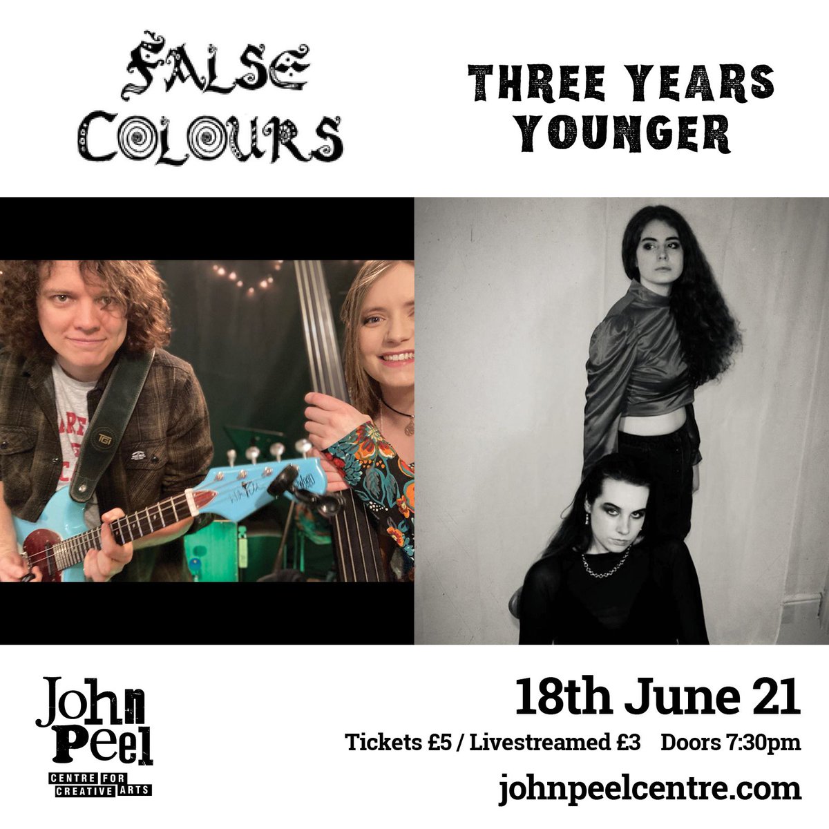 **Double Headliner | Friday 18 June**
False Colours + Three Years Younger
<a href="/coloursfalse/">False Colours</a> @threeyyounger

Tickets: buff.ly/3py4tvk
Live seated audience: £5
Livestream: £3

#johnpeelcentre #whatson #whatsonsuffolk #suffolk #music #livemusic #suffolkmusic