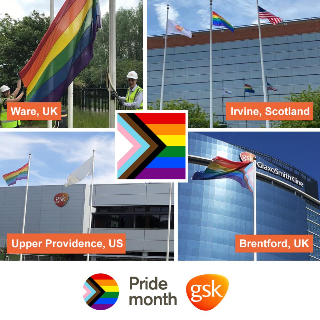 GSK's tweet photo. As part of #PrideMonth we're excited to fly pride flags at a number of our sites across the globe in a display of solidarity with our LGBT+ colleagues. Why not send us a picture if you pass by a site and see the rainbow flag raised. #WeTakePride https://t.co/WS08ustSFG