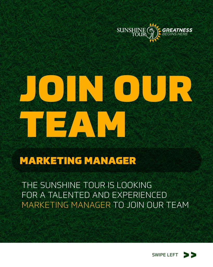 Sunshine_Tour's tweet photo. WANTED: Marketing Manager

Do you want to be part of our team? Do you love golf? Do you think you have what it takes - apply now!

#greatnessbeginshere https://t.co/3fthu4ViLa