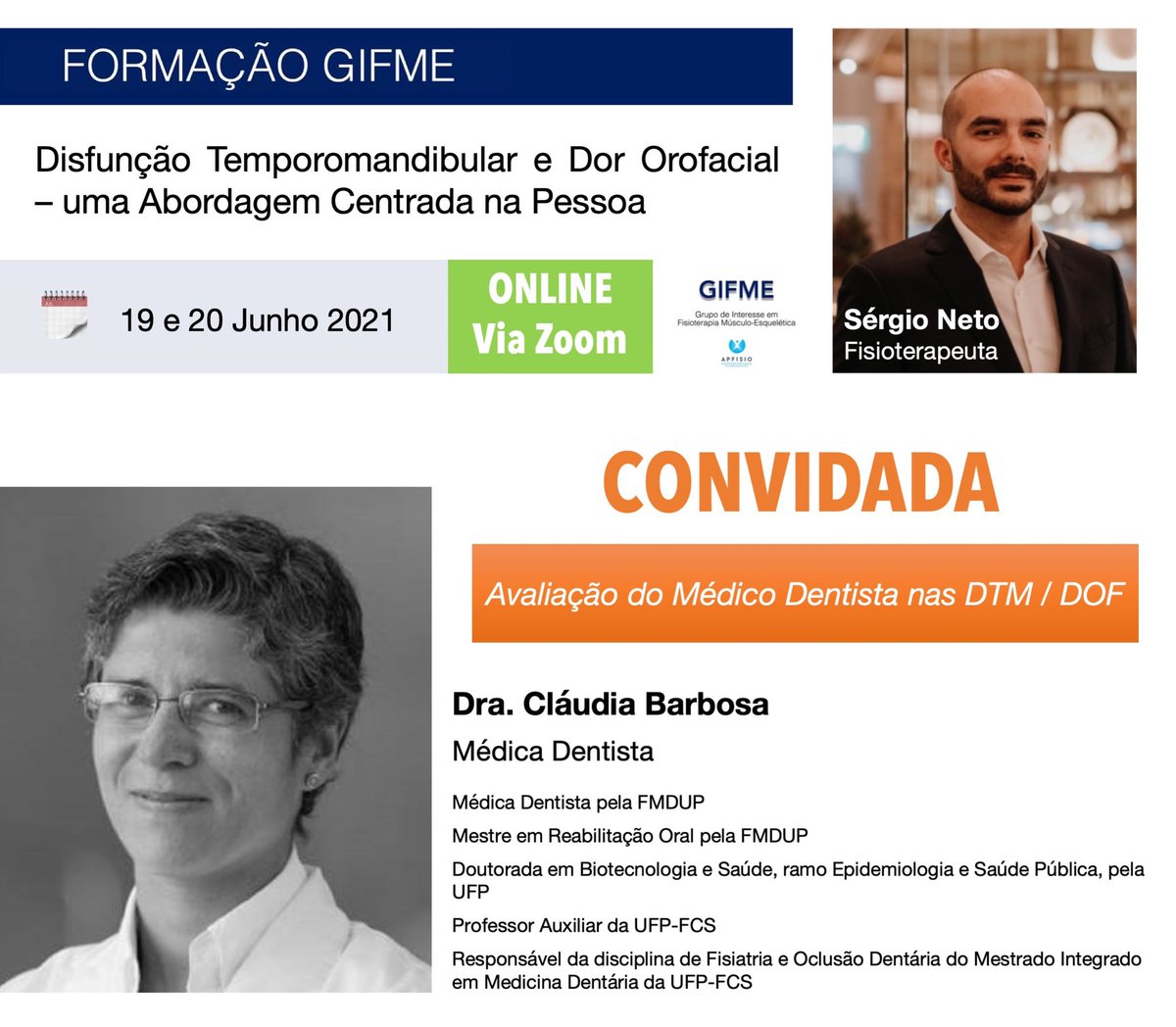 GifmeA's tweet photo. 📣 A Dra. Cláudia Barbosa, médica dentista, apoiará o FT @smendesneto na  Formação GIFME.

📎https://t.co/1Iakk72CWX

@apfisio @GifmeA

#GIFME #fisioterapia #FormaçãoGIFME  #DTM #DOF #dororofacial #msk #musculoesquelética #musculoskeletal  #EBP #dentist #dentista #medicina https://t.co/p5oDyrR8LN