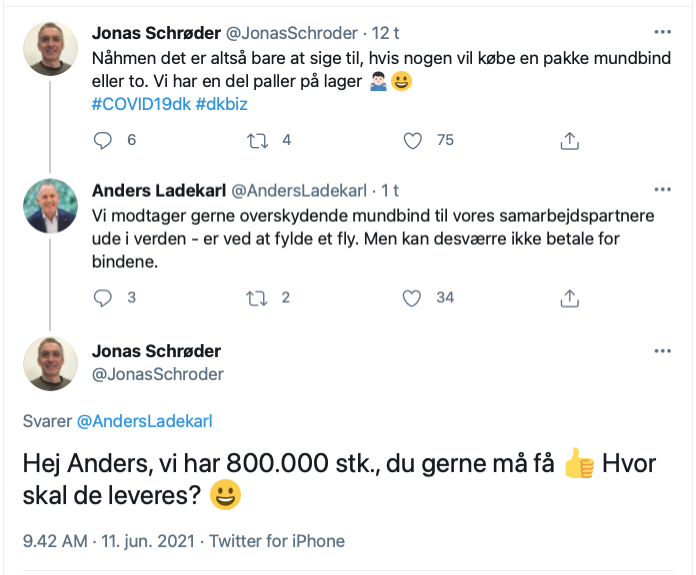 Tusinde tak til @REMA1000 for stor donation af mundbind. Er der andre virksomheder, der har et betragteligt overskud liggende - så kontakt endelig <a href="/danskrodekors/">Røde Kors</a> - har I et bidrag til transporten vil det blive værdsat. Tak