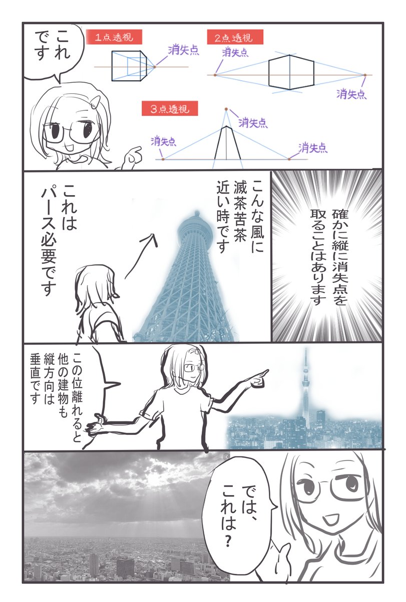 実は、私は背景はアシさんが描いてくれたし、芸術系短大を受ける時の塾以外でパースやってなかったし、建物などは写真をトレースした方が早かったので、マンガ家をするにしてもパースってそんなに必要では無かったり‥。 