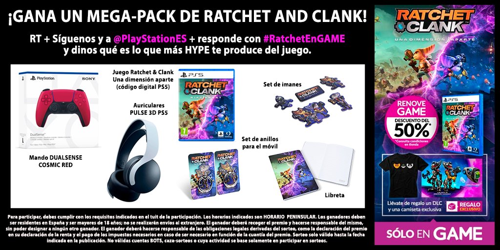 VideojuegosGAME's tweet photo. ¡GANA un MEGA-PACK de #RatchetAndClankPS5!

—RT.
—Síguenos, y a @PlayStationES.
—Dinos lo que más te HYPEA del juego con #RatchetEnGAME.
—Participa hasta el 20/06/2021 a las 23:59h.

¡Consigue ya RATCHET &amp; CLANK para #PS5 con CAMISETA exclusiva en GAME! 👇
https://t.co/spXwkCyY9H https://t.co/5B8kExA64q