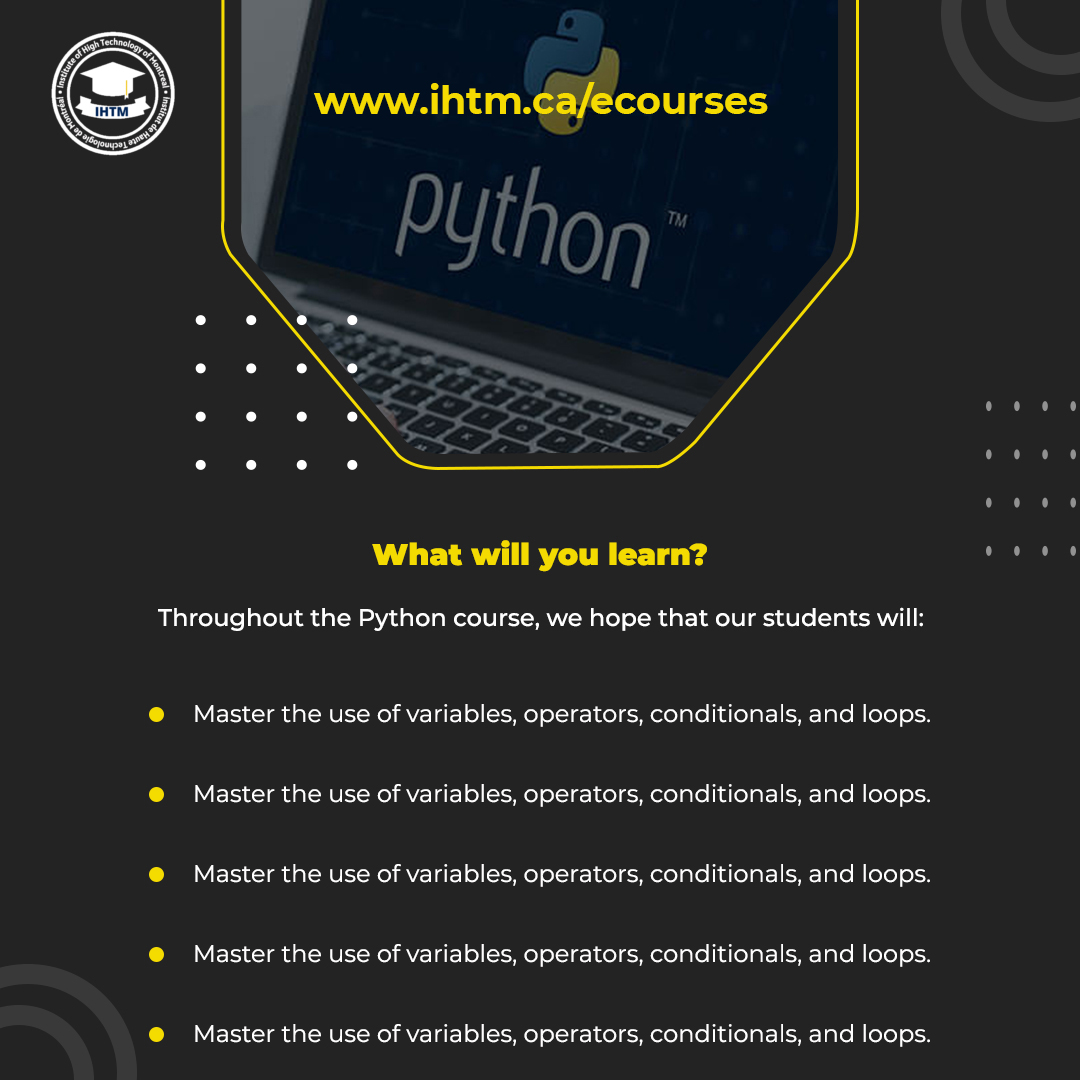 IhtmInstitute's tweet image. Best Online Python Courses
Learn Online Python Course because it is the most popular data programming language globally, according to Towards Data Science. 
For more information click here:
ihtm.ca/ecourses/best-…

#bestonlinepythoncourses #pythonprogrammingcourses