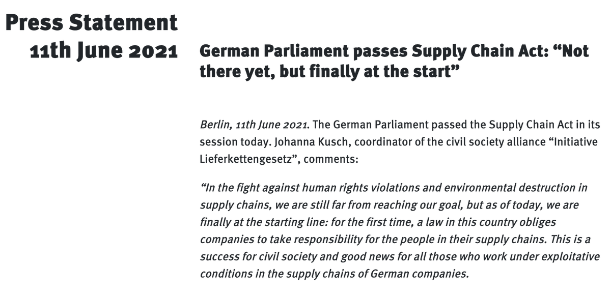 Finally! #German Parliament passed the #DueDiligenceAct for supply chains. With the new law it's possible to hold German companies accountable! 
It's a great success of civil society fighting for #humanrights &amp; #environment. #bizhumanrights
PRESS STATEMENT
lieferkettengesetz.de/pressemitteilu…