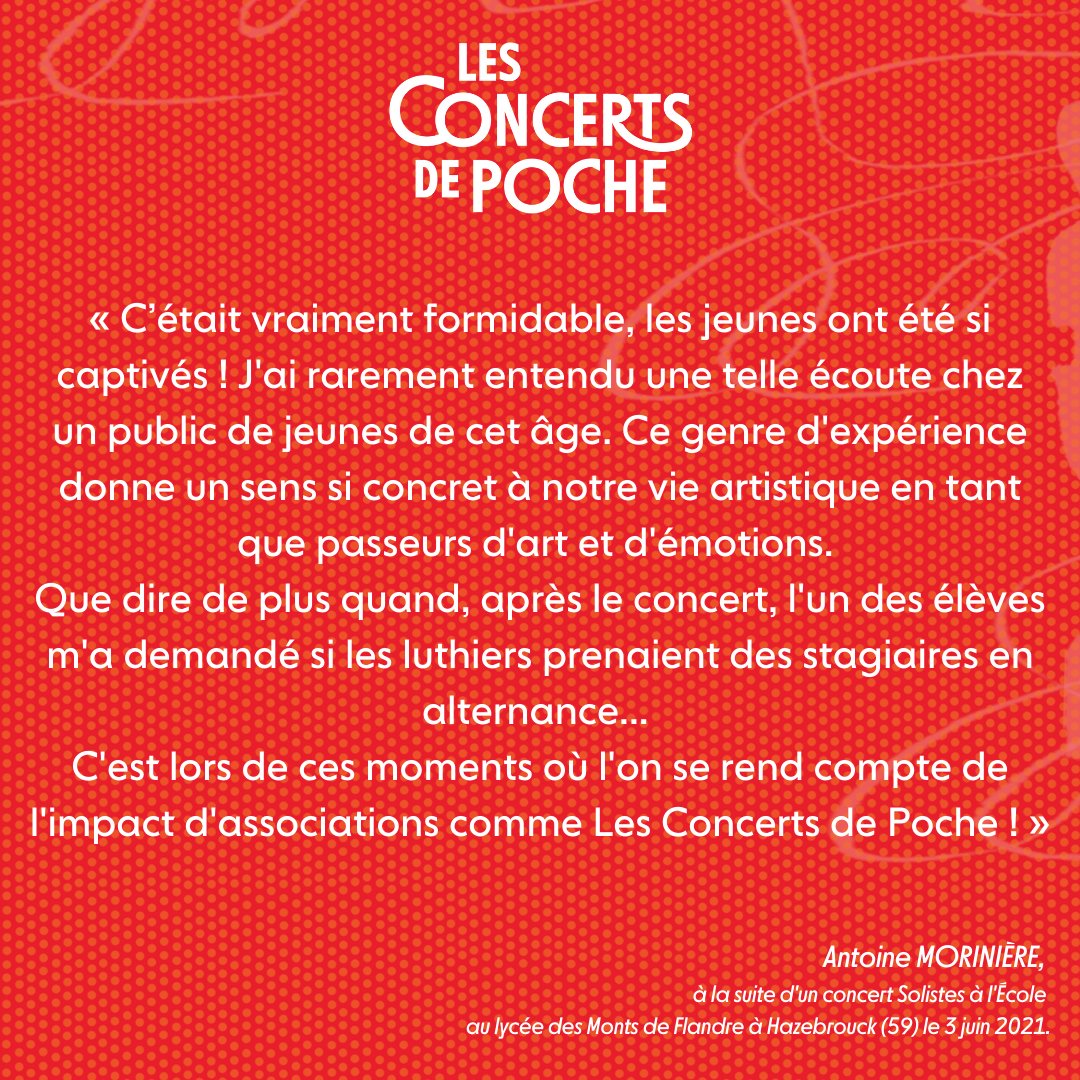 Des mots qui font chaud au cœur ! ☀️

Merci à #AntoineMorinière pour ce #témoignage, suite au #concert donné au #lycée pro Monts de Flandre à #Hazebrouck (59). 🙏

Toutes nos actualités 👉bit.ly/CDP_Newsletter

#concertsdepoche #concerts #ateliers #partage #musiqueclassique