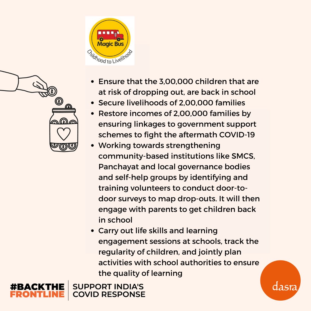 dasra's tweet image. #BacktheFrontline | @MagicBusIndia is working w/ lakhs of children &amp;amp; young people across India building awareness, continuing education &amp;amp; livelihoods training.

Support ​them &amp;amp; more grassroots #NGOs working at the #frontlines of #India's #COVID19 crisis: bit.ly/BacktheFrontli…