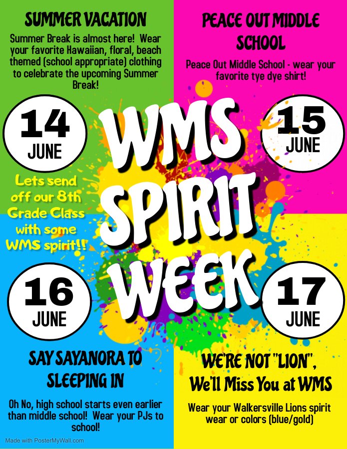 WMS_PTSA's tweet photo. Get ready!! Spirit Week next week to send off our 8th grade!! :) #WMShasSpirit #WMSPTSA @KSutherin_FCPS https://t.co/HigKuRCtIc