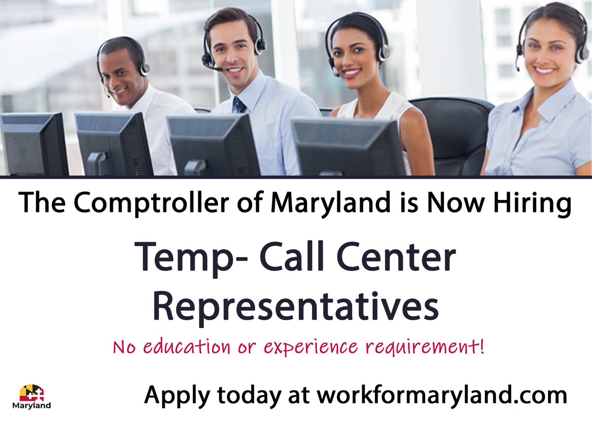 Marylandgovjobs's tweet photo. The Comptroller of Maryland is Now Hiring Temp Call Center Representatives in Anne Arundel and Washington Counties! No education or experience requirement!
Apply here: https://t.co/Celrz4LrSu
More info: https://t.co/0YRleH714r
#MDStateJobs #CallCenterRep #NowHiring https://t.co/avlTUrreO0