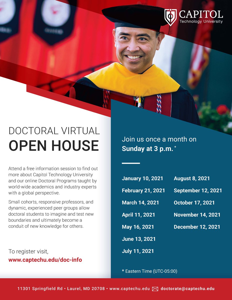 captechu's tweet photo. 🗣 THIS WEEKEND! Join us for our free monthly Doctoral Virtual Open House! Register at https://t.co/zm5FlSIaa8 We can't wait to see you there!
.
#doctoraldegree #gradschool #openhouse #virtualopenhouse #freeevent #captech https://t.co/6Ie3uTCedW