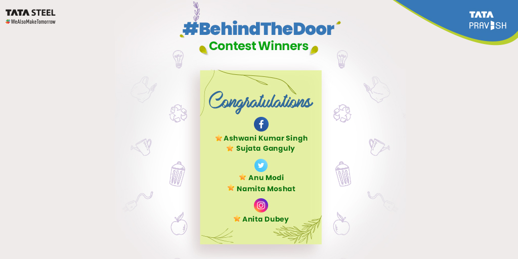 TataPravesh's tweet photo. Congratulations to the winners of #BehindTheDoor contest. 
We thank everyone who participated and shared their innovative plus eco-friendly home hacks with us!
.
.
#TataPravesh #ContestWinner #BehindTheDoorContest #EnvironmentDayContest #BehindTheDoorWinner #Winners https://t.co/L4YWFjDsDP