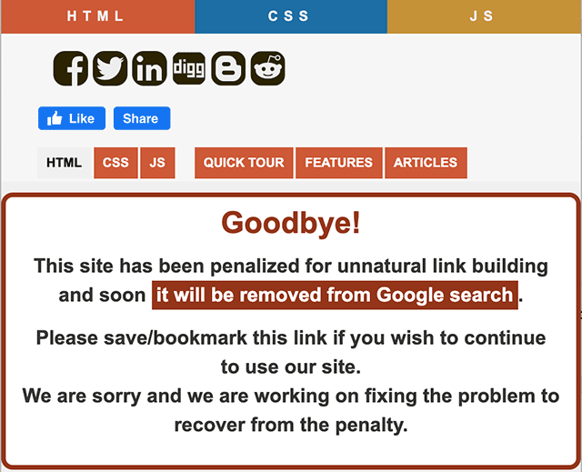 rustybrick's tweet photo. A site owner posted that they got a manual action from Google and said “goodbye” to their website visitors - like posting an eviction notice - super interesting https://t.co/TIuMdIy9WM via @hellemans https://t.co/A9B5dtnwGe