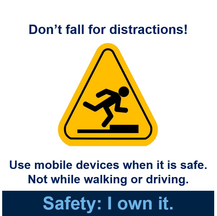 Distractions take your attention away from your path. In most cases that distraction comes from a mobile device. Tips to limit distractions: 1. Visual: Eyes on the path 2. Manual: Hands on the wheel 3. Cognitive: Focus on the task #safetyiownit #NationalSafetyMonth