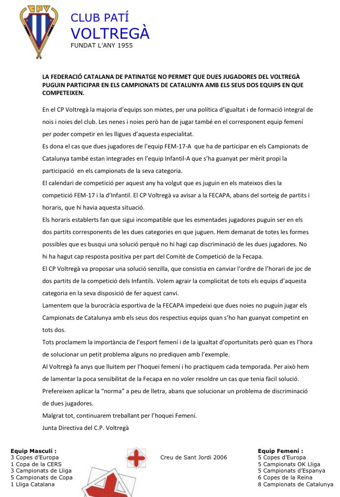⚪️🔵Comunicat oficial🔵⚪️

La <a href="/FCPatinatge/">FCPatinatge</a> impedeix a dues jugadores del club disputar els dos campionats pels que s’havien classificat amb els seus respectius equips.

Des del CP Voltregà Stern motor seguirem treballant per la igualtat de l’hoquei femení.

#Ccat