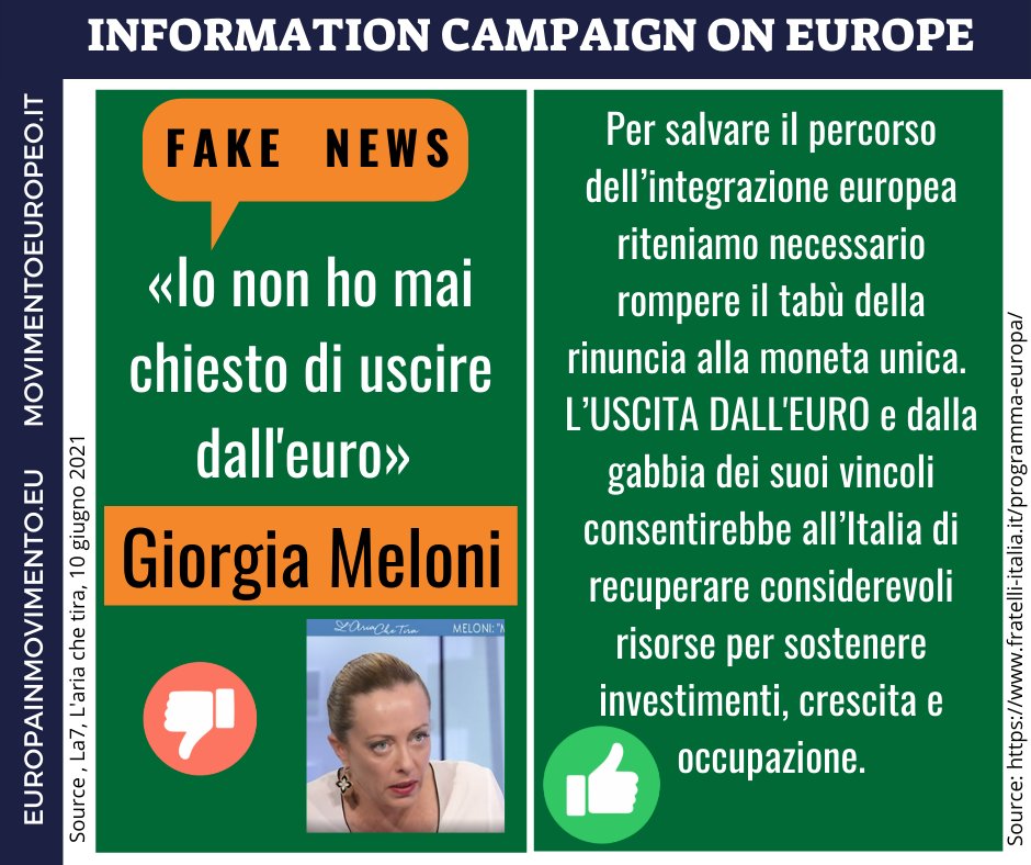 Fake news di Giorgia Meloni: 'Io non ho mai chiesto di uscire dall'Euro' --> 'Riteniamo necessario rompere il tabù della rinuncia alla moneta unica. L’uscita dall’Euro e dalla gabbia dei suoi vincoli consentirebbe all’Italia di recuperare considerevoli risorse' @FratellidItalia