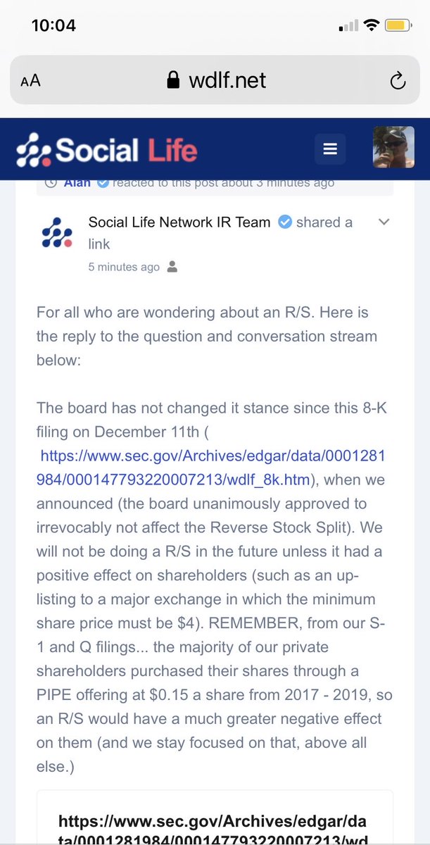 guyf1963's tweet photo. $WDLF taking the liberty of posting a response from CEO on the private platform for shareholder. Ken reiterates NO REVESE SPLIT for some time as noted on the 8K. Only it might be entertained to uplist to major exchange. Great news!! https://t.co/H0es3ukssY