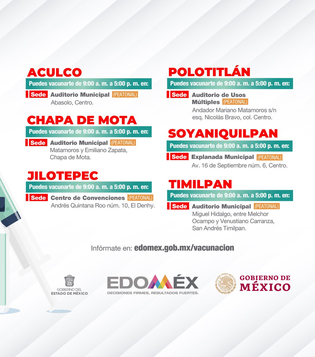 Edomex's tweet photo. #EstrategiaDeVacunación | Del 11 al 13 de junio estaremos aplicando la primera dosis de la vacuna a los adultos de 40 a 49 años y mujeres embarazadas en #Aculco, #ChapaDeMota, #Jilotepec, #Polotitlán, #Soyaniquilpan y #Timilpan. 

Consulta sedes y horarios de vacunación: 👇 https://t.co/InwRU6VkM1