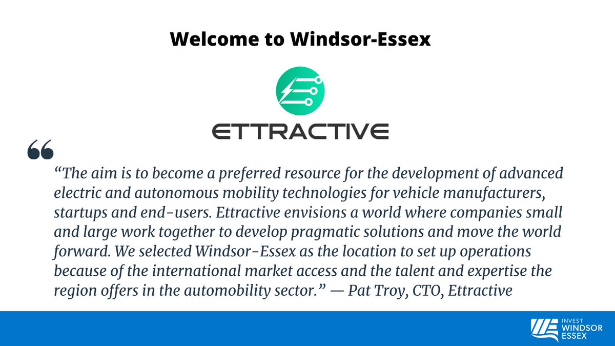 Windsor-Essex #automobility ecosystem welcomes Ettractive Inc! The company will leverage the strategic location of #WindsorEssex to access the US market and serve clients on both sides of the border and globally. #WhereCanadaBegins
bit.ly/3whiU9p