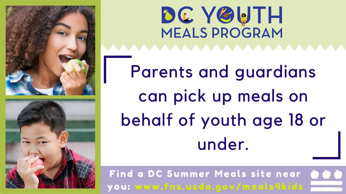 DCHunger's tweet photo. #DYK? Parents and guardians can pick up #DCYouthMeals on behalf of youth age 18 or under and can get up to 3 days’ worth of meals per child. Help us spread the word! Youth and parents can text “FOOD” or “COMIDA” to 877-877 to find the closest DC #SummerMeals site today. https://t.co/oYf6VIxnkV