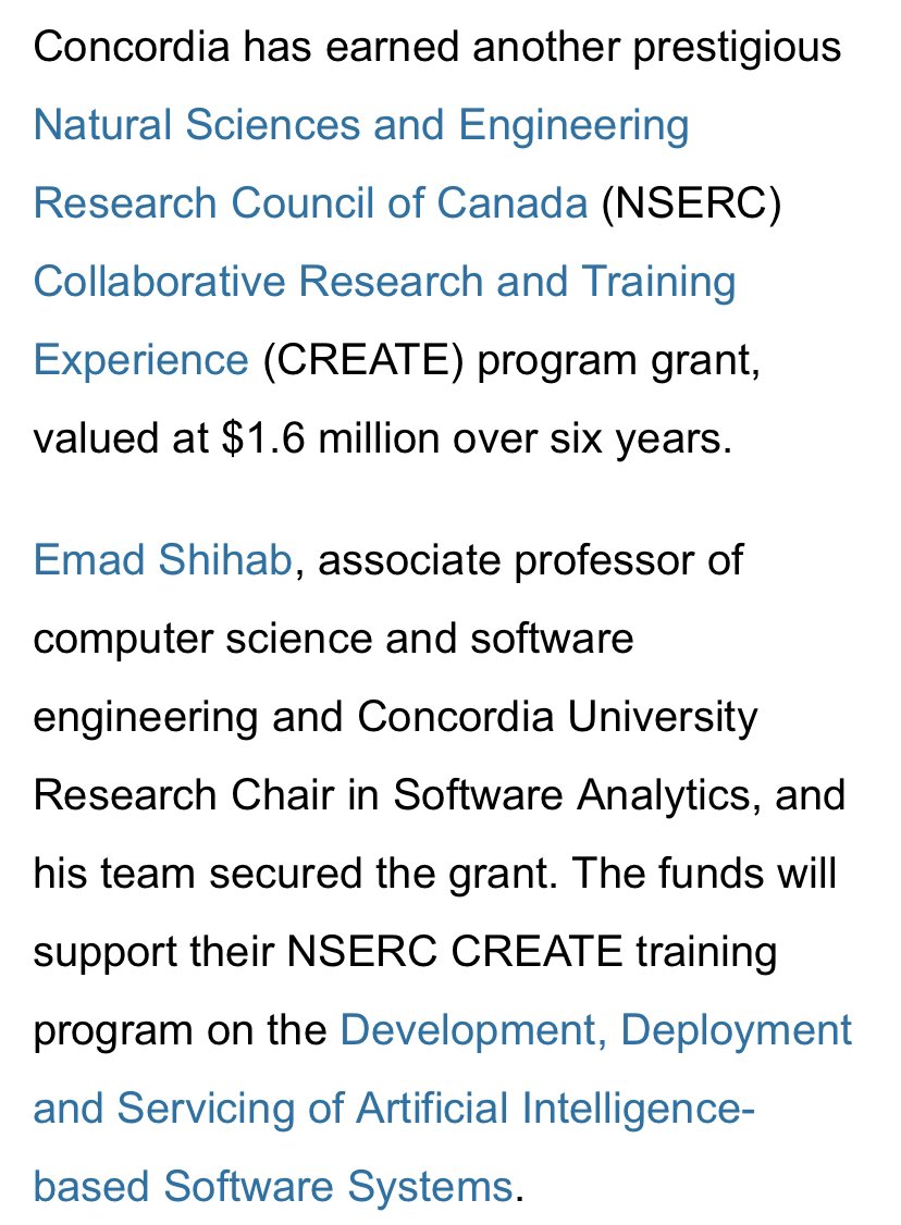 drhammed's tweet image. Are you interested in AI &amp;amp; data-driven research?

Another Concordia University Professor lands a $1.6M grant for research on AI &amp;amp; Software engineering- CONGRATULATIONS!

I hope you know what that means?🤗

Learn more about his work👇 and Good luck. 

das.encs.concordia.ca/members/emad-s…