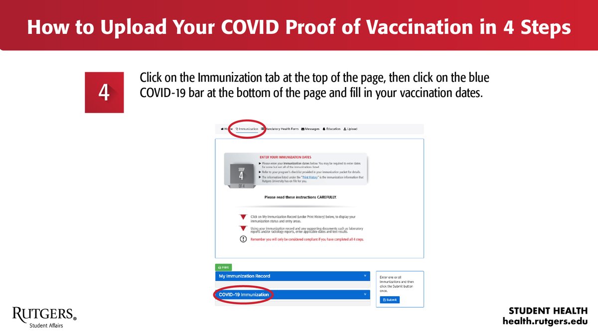 RUVPVA's tweet photo. Got vaccinated? Great! Don’t forget to tell us about it! Upload your proof of vaccination card and enter your dates of immunization in the Rutgers Student Immunization Portal, https://t.co/LXKgHru3j1, so we know you’re compliant. 
#Rutgers #RCommunity #WeRUnited https://t.co/B3LvU2GRbo