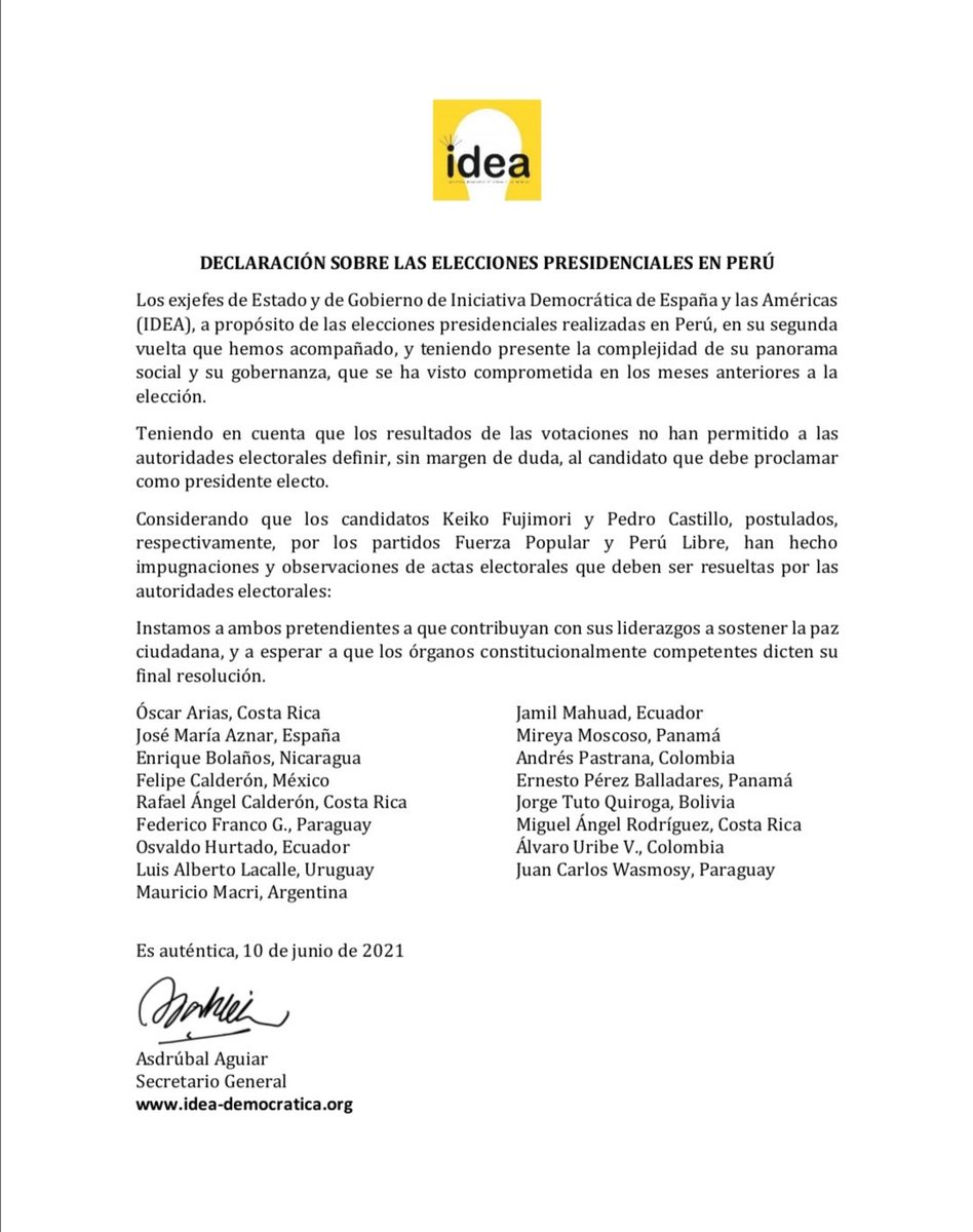 alvaro_delgado's tweet photo. Se juntan Aznar, Álvaro Uribe, Tuto Quiroga, Macri y @FelipeCalderon, entre otros impresentables, para defender a Fujimori. Pero no saben ni redactar: https://t.co/D3W9QuoE3z