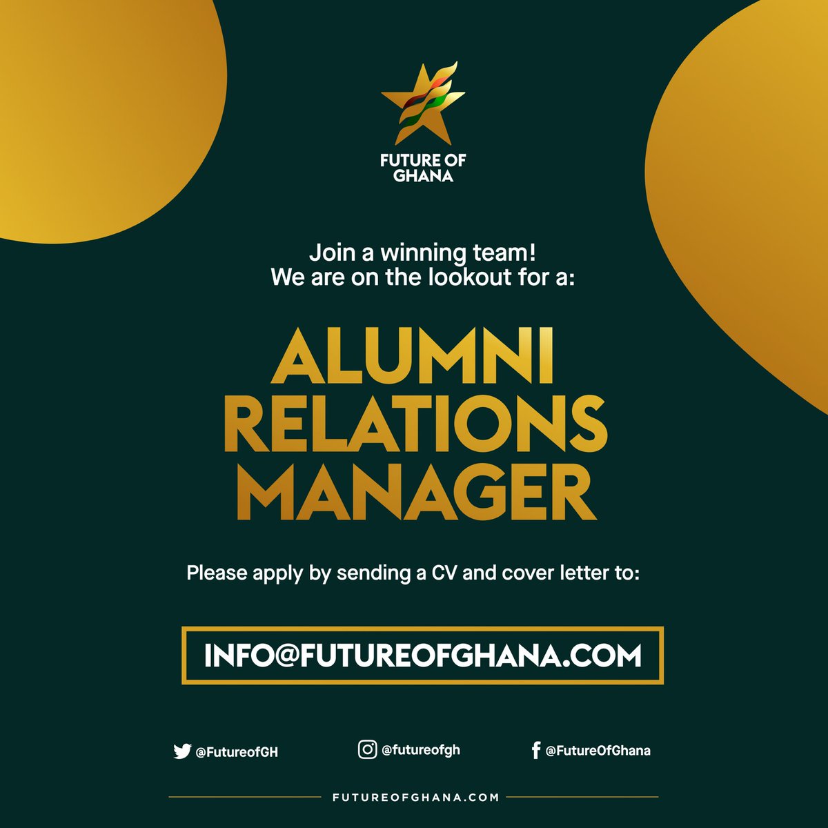 FutureofGH's tweet photo. A reminder the initial deadline for applications is midnight TODAY!

All our current roles are voluntary with great benefits, so if you believe you have the right skills to join a winning  team please get in touch with us.

https://t.co/5cAYyl2xiH

#FutureofGhana #jointheteam https://t.co/Wm5Ftx0T72