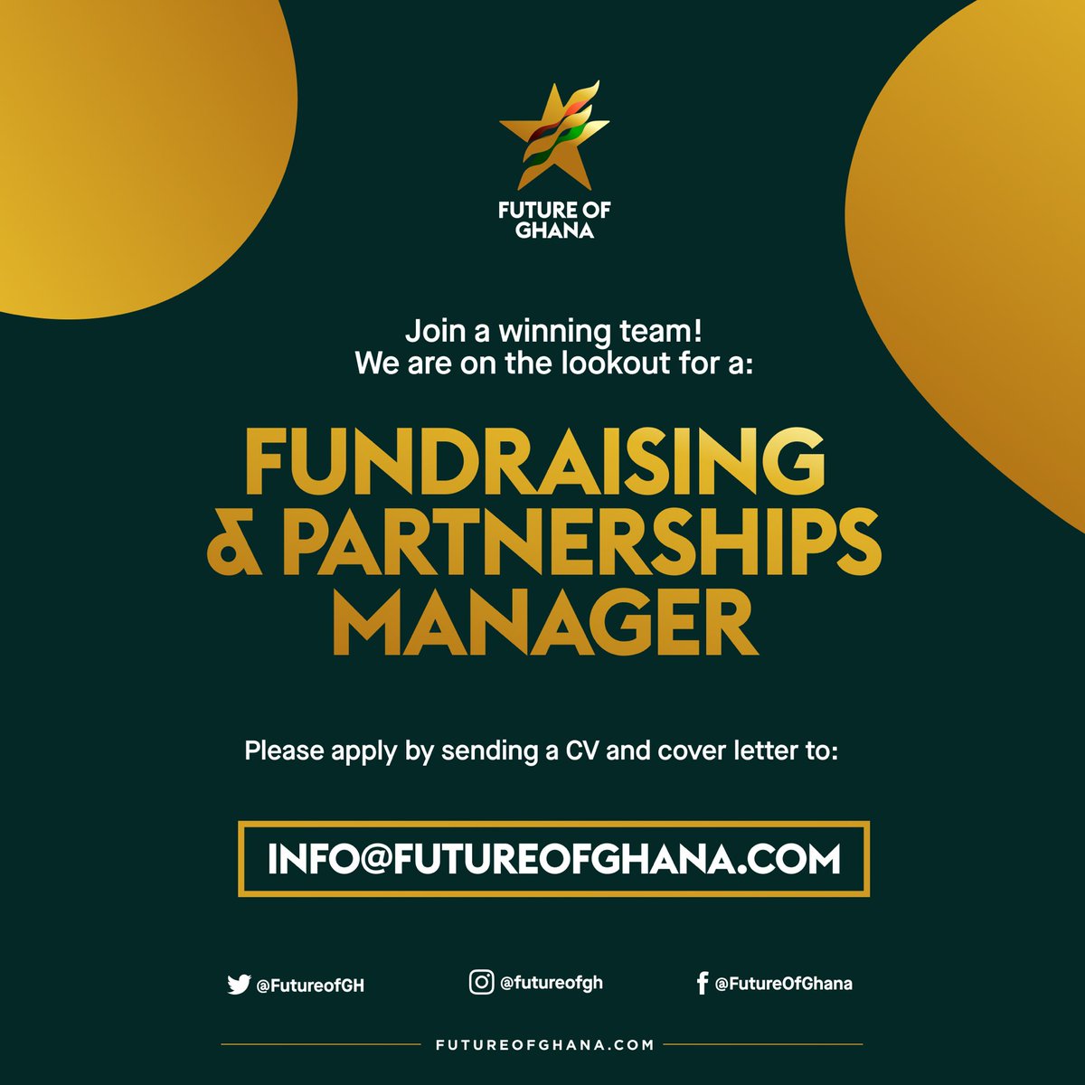 FutureofGH's tweet photo. A reminder the initial deadline for applications is midnight TODAY!

All our current roles are voluntary with great benefits, so if you believe you have the right skills to join a winning  team please get in touch with us.

https://t.co/5cAYyl2xiH

#FutureofGhana #jointheteam https://t.co/Wm5Ftx0T72