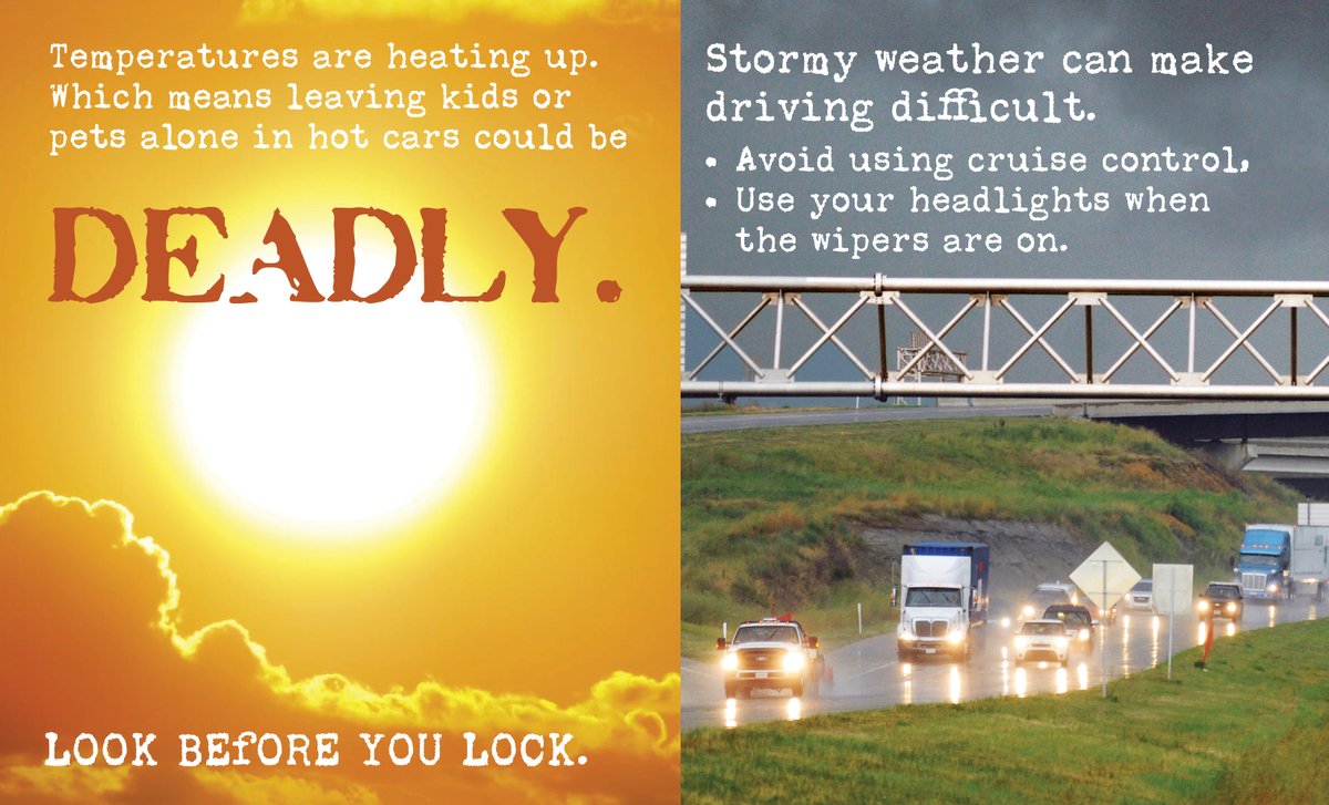 KDOTHQ's tweet photo. A tale of two weather conditions to watch out for today while traveling.
It's going to be hot. Don't forget to #lookbeforeyourlock leaving kids or pets inside a car could be deadly.
Severe storms are expected: Wipers on? Headlights on and avoid using cruise control. #KSWX https://t.co/IkXlqhFidr